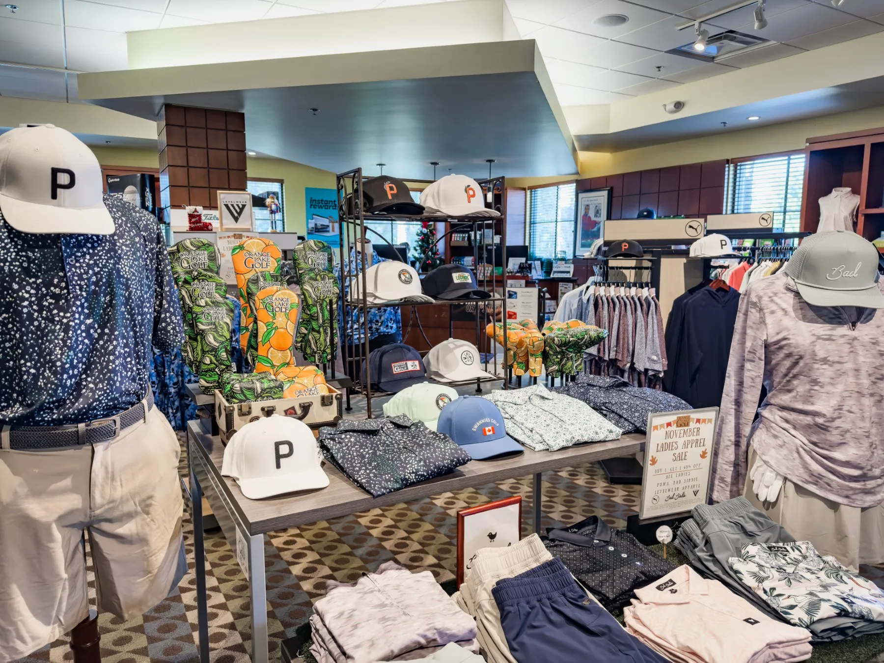 Apparel and hats inside The Legends pro shop