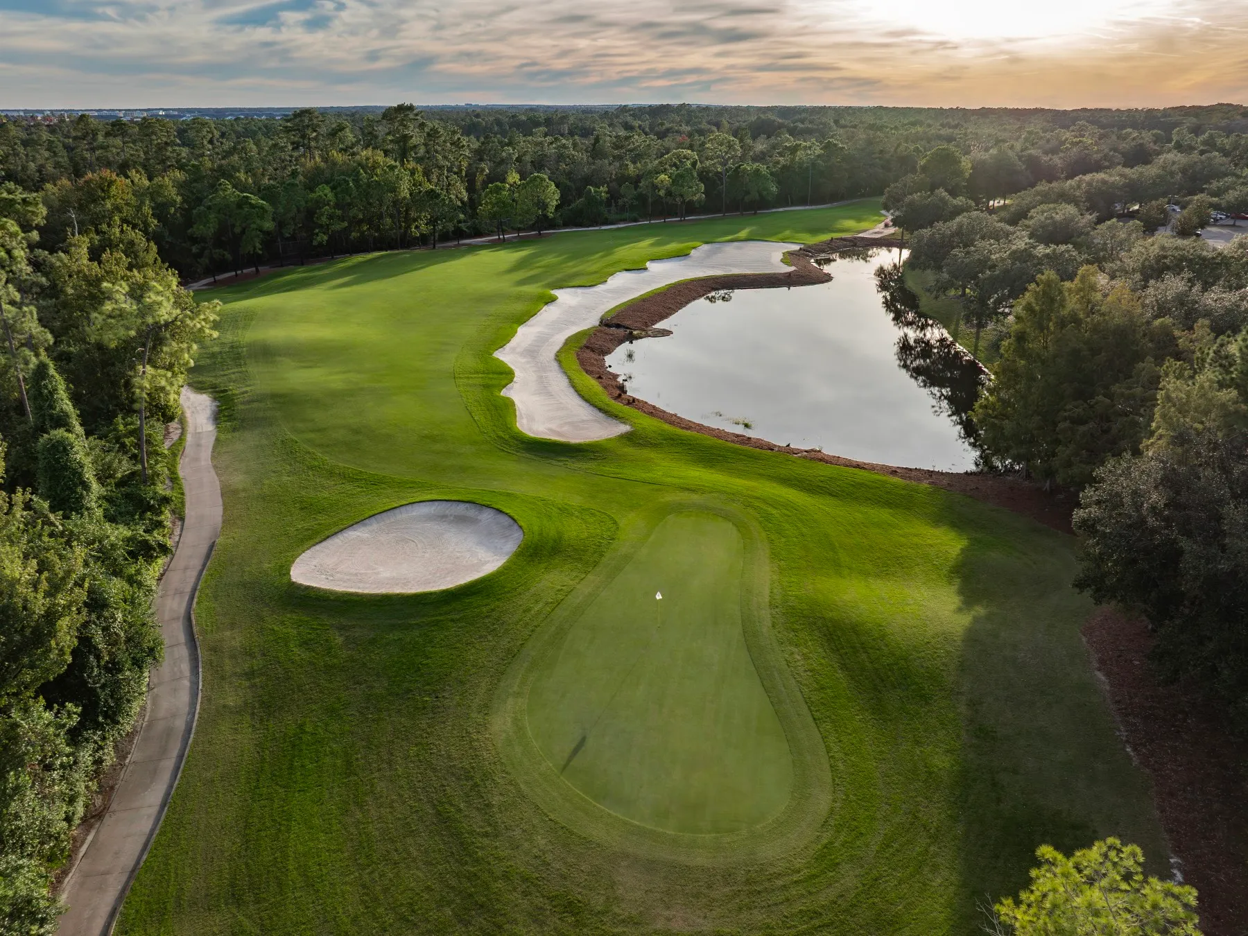 Aerial view of the island green on hole 15 at The Legends