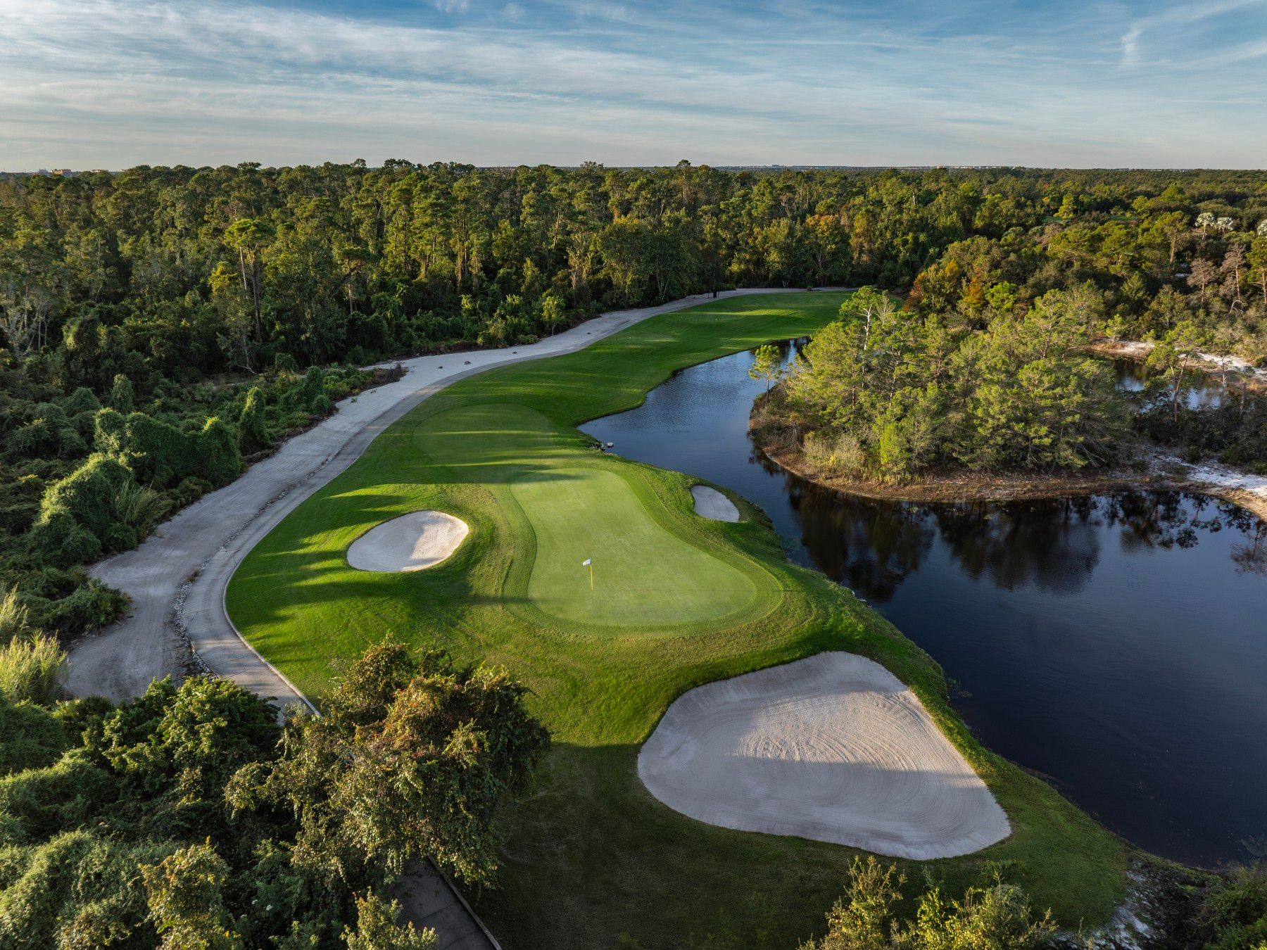 Aerial view of the island green on hole 15 at The Legends