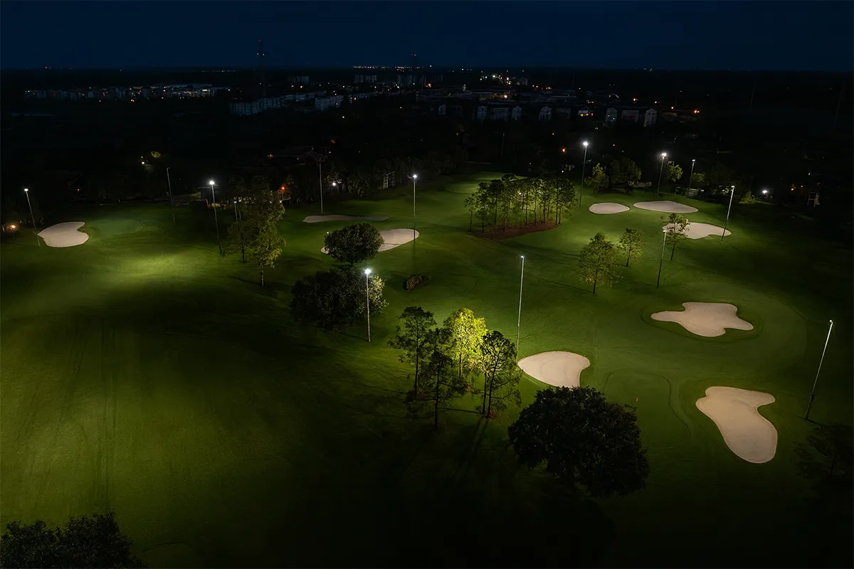 Legends Walk lit by stadium lights at night