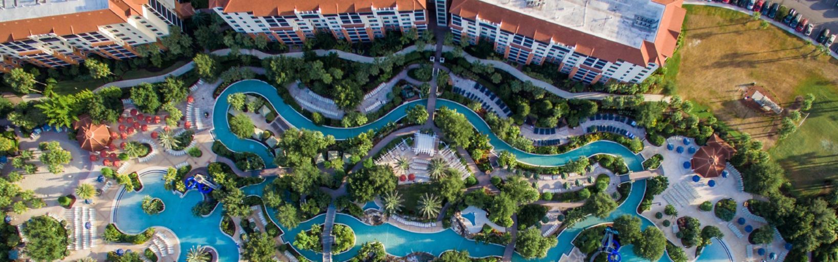 Aerial view of the pools and lazy river at Orange Lake Resort